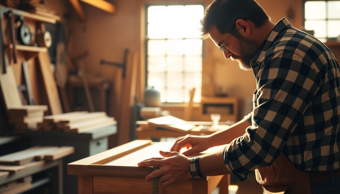 Master carpenter performing detailed carpentry work with precise tools in a well-lit workshop, showcasing craftsmanship and attention to detail.