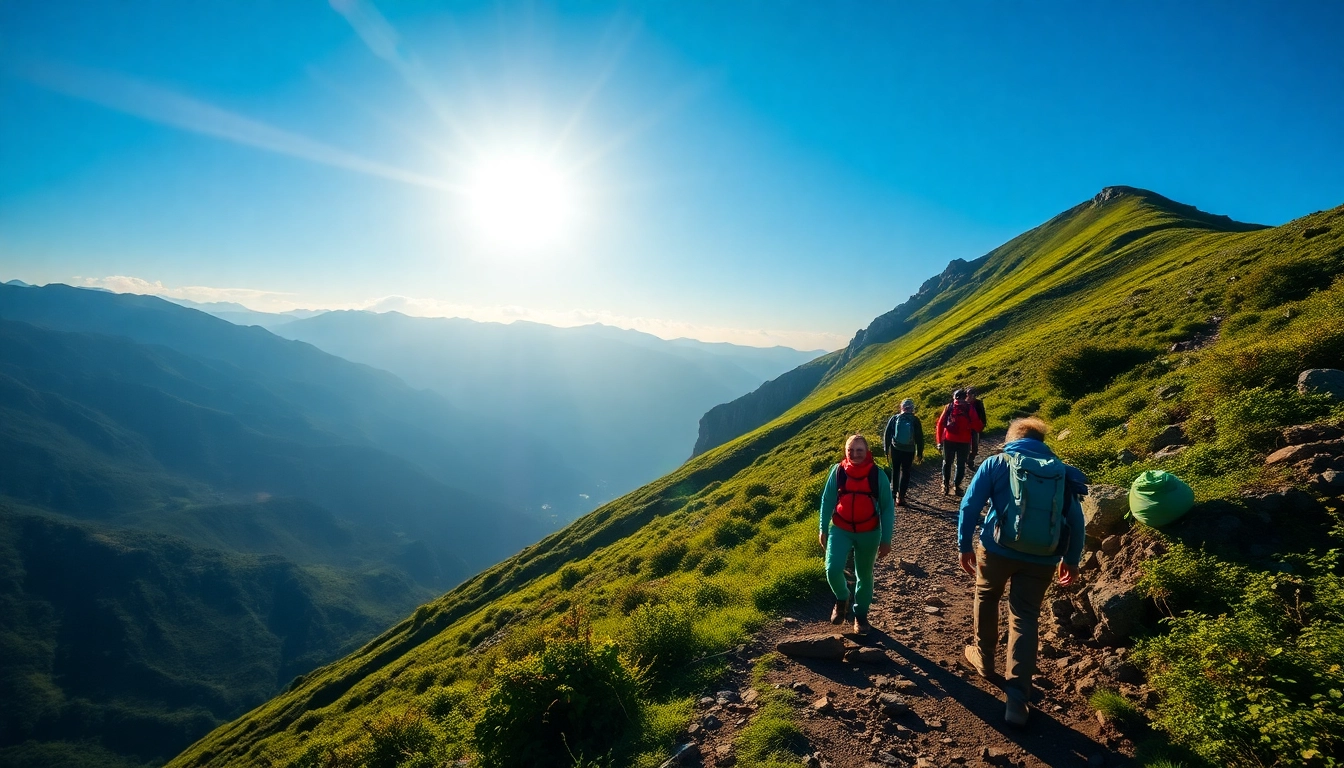 Scenic hiking trail in Indonesia, showing hikers enjoying a hike through lush tropical landscapes, creating an inspiring outdoor activity scene.