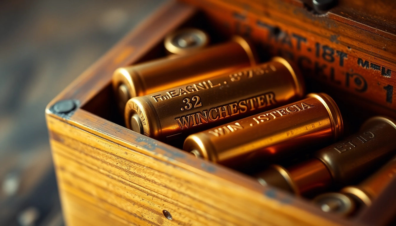 Detailed shot of a 32WIN cartridge resting on aged wood, emphasizing vintage firearm ammunition quality and historical significance.