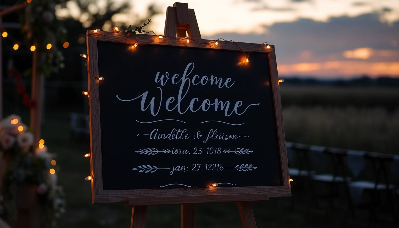 Beautiful wedding welcome sign with custom calligraphy and floral accents, perfect for guest greeting setups.