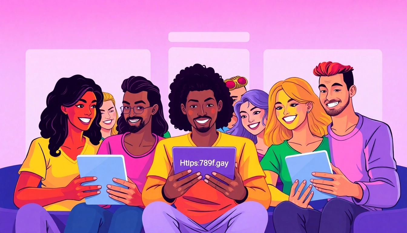 Dynamic illustration of LGBTQ+ community members engaging with https://789f.gay on digital devices, highlighting inclusivity and modernity with vibrant colors and friendly design.
