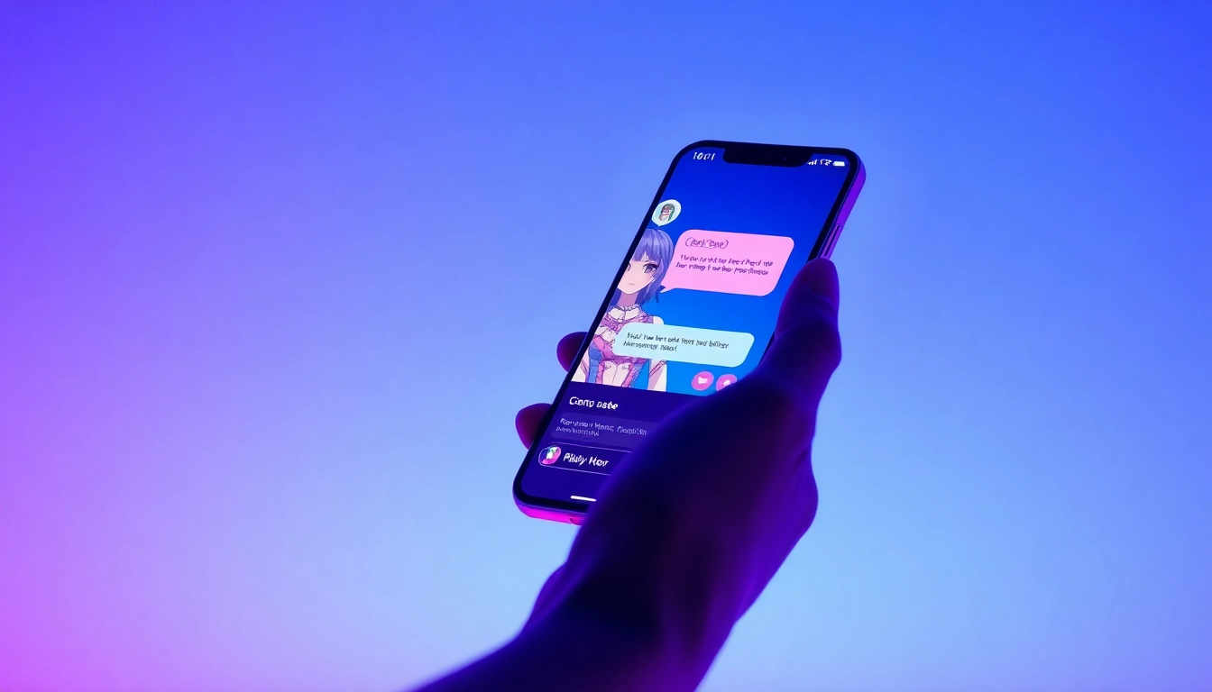 A user holding a smartphone displaying an AI chatbot conversation with a friendly, anime-inspired AI girl avatar against a colorful digital background.