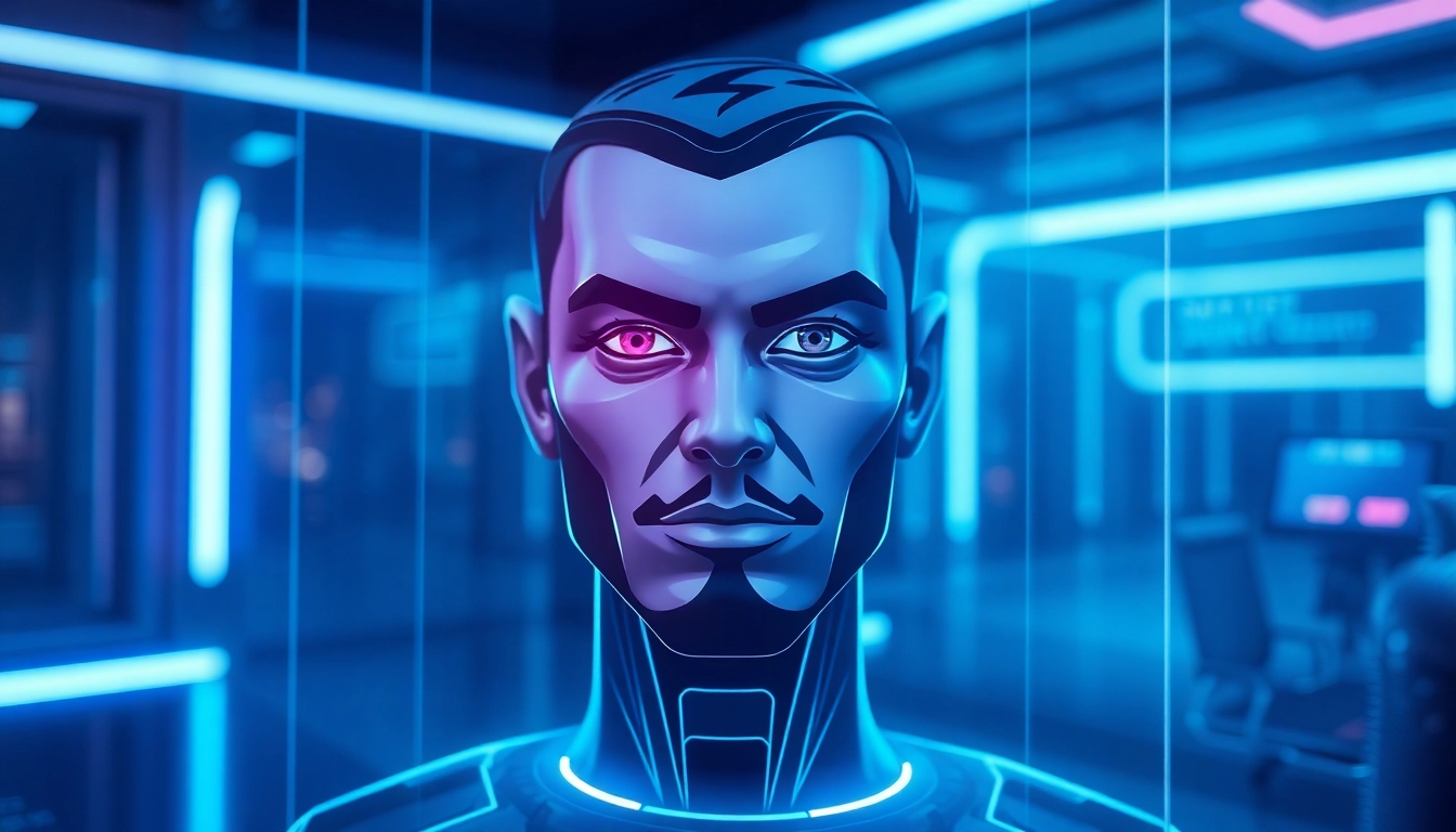 Futuristic AI interface with a confident digital avatar in a high-tech environment