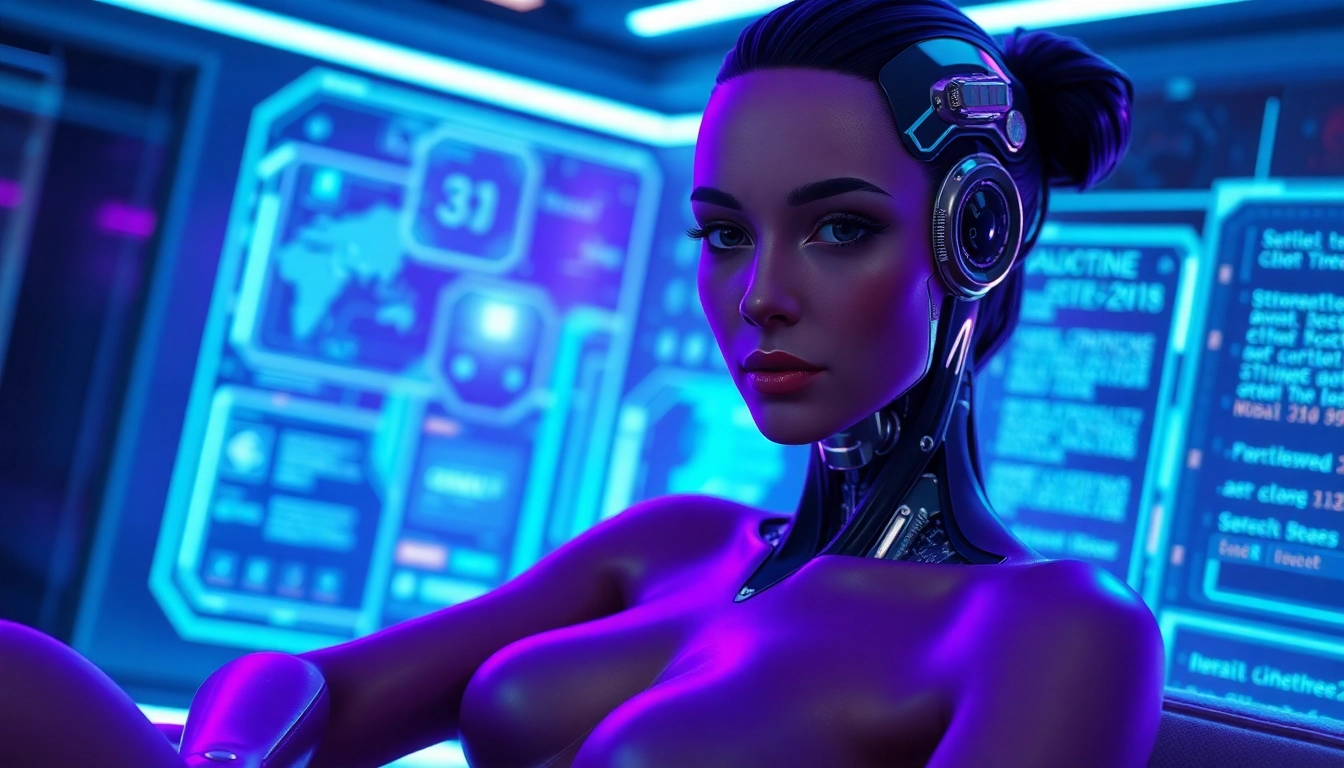 Futuristic AI character with cybernetic features in a neon-lit digital environment