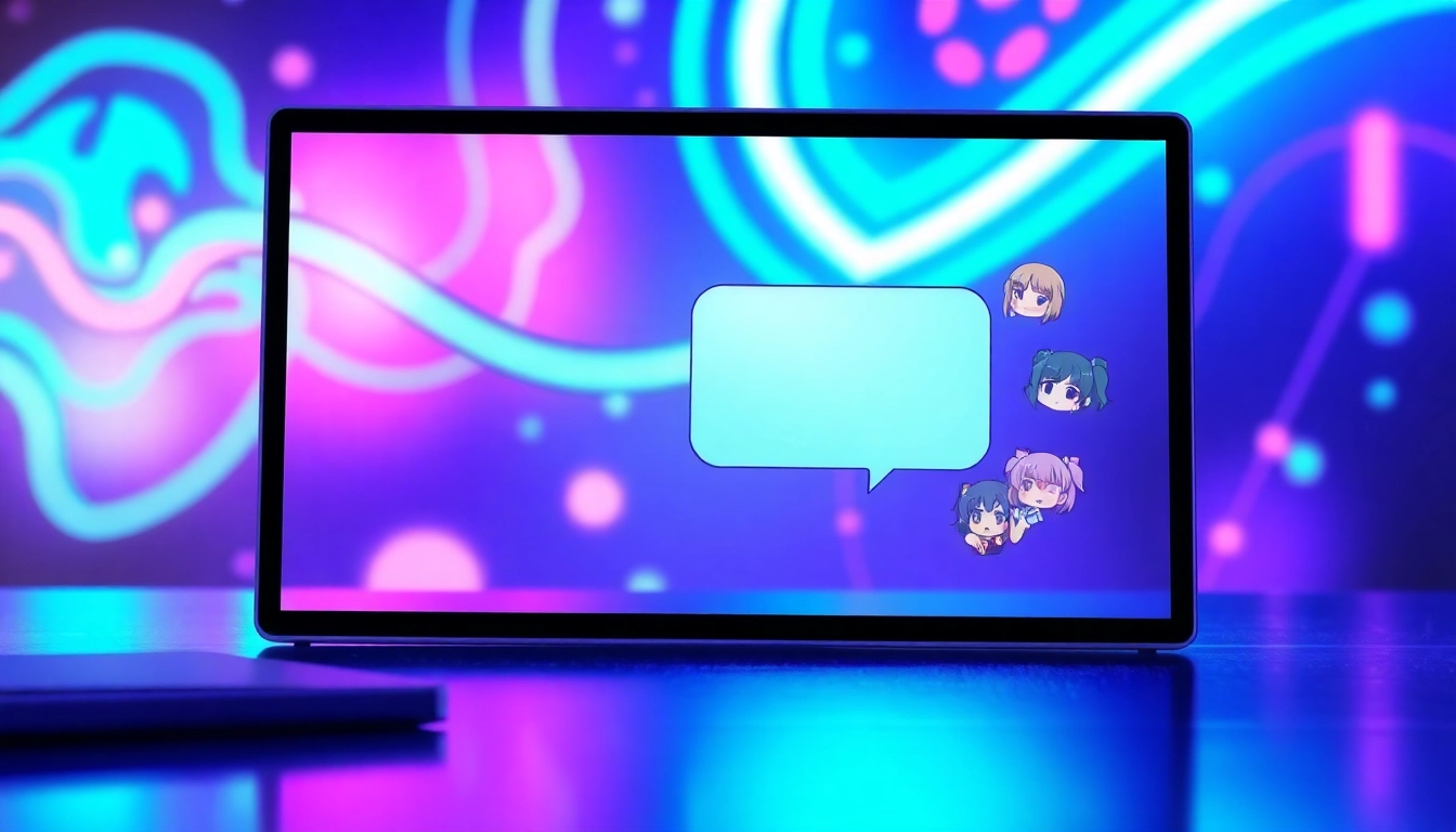Futuristic chatbot interface with anime-inspired elements and vibrant neon background