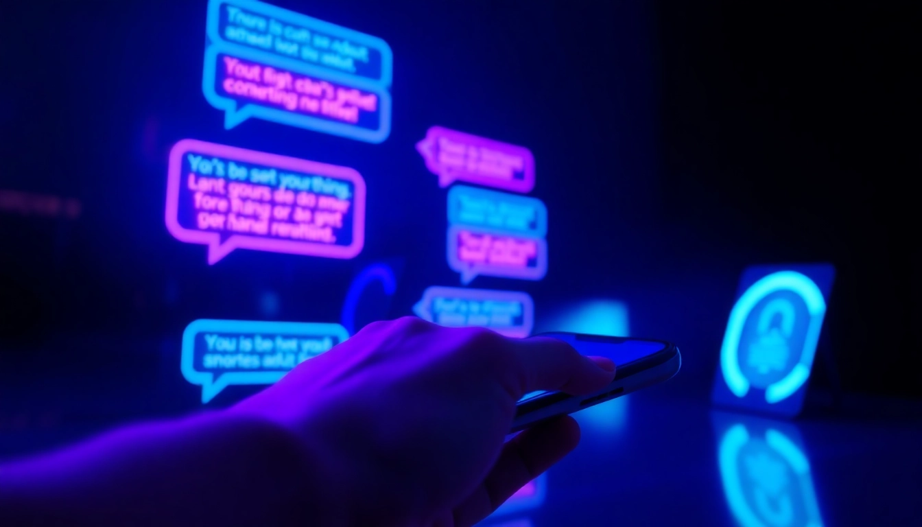 Close-up of a futuristic device displaying an adult AI chat interface with neon glow effects.