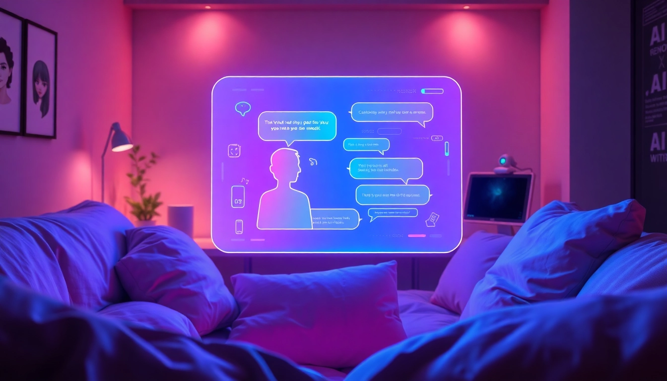 Futuristic digital illustration of a user interacting with a customizable AI character on a holographic screen in a cozy, modern room.