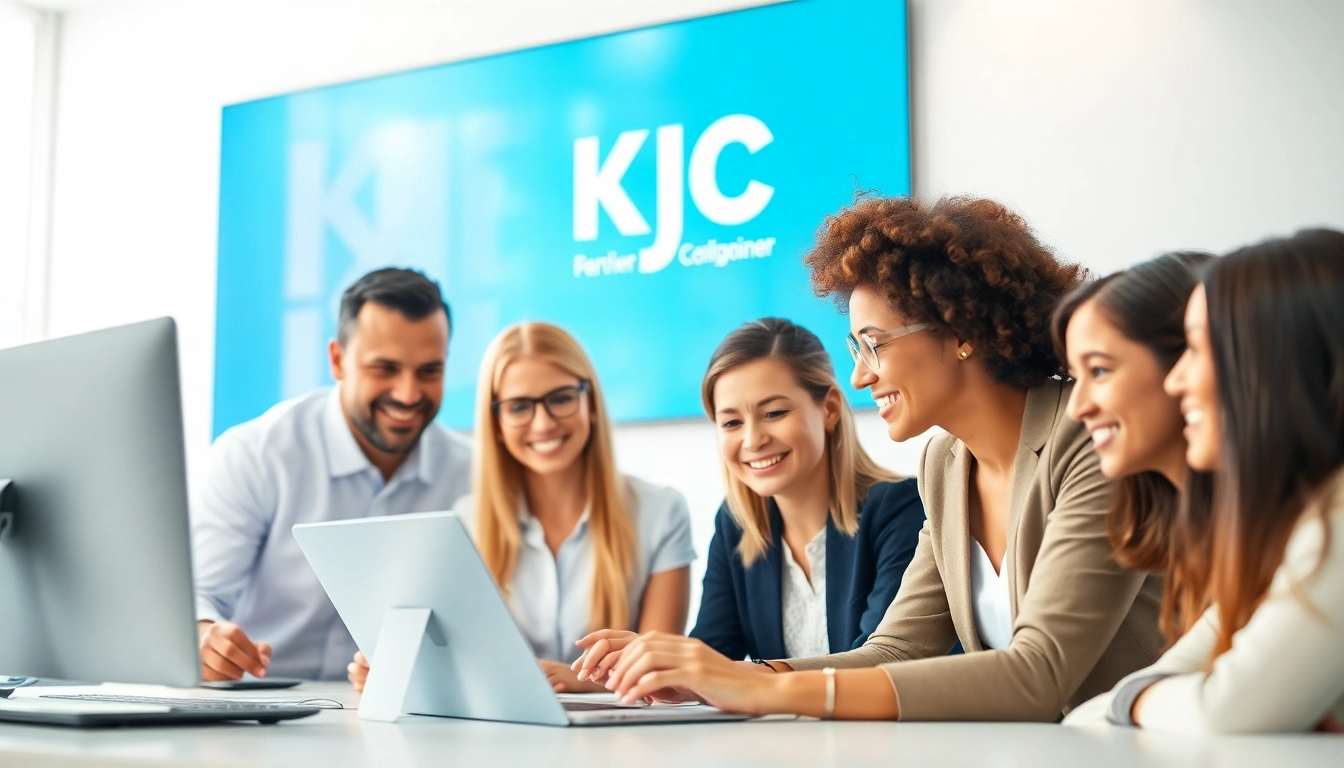 KJC logo amid digital collaboration scene, showcasing innovation and professionalism in the entertainment and technology sector, vibrant colors.