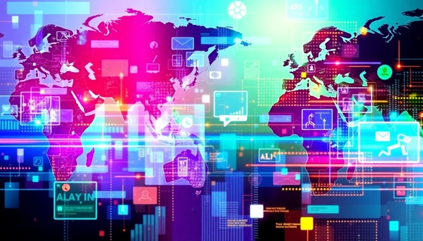 Liên minh quốc tế KJC building a global entertainment network with advanced technology and vibrant communication visuals.