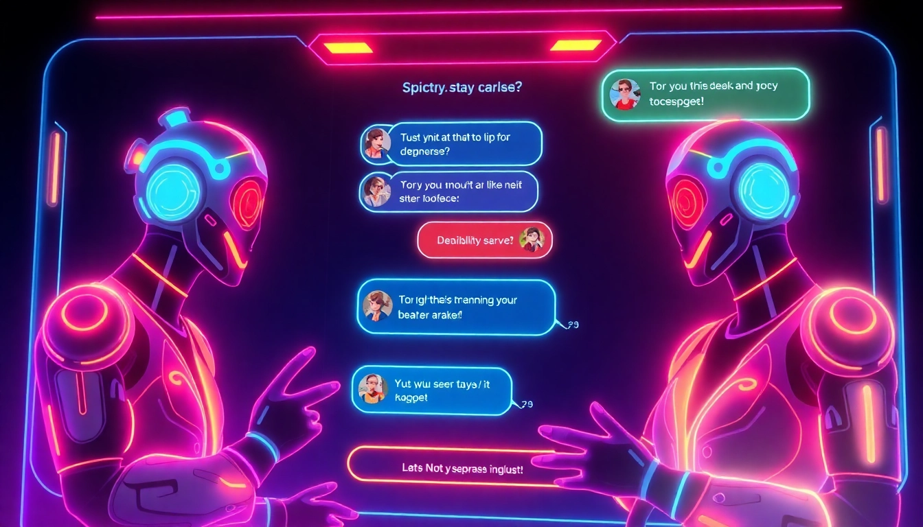 Spicy AI Chat platform with vibrant neon interface and animated characters engaging in playful, realistic conversations, designed for immersive user experience.
