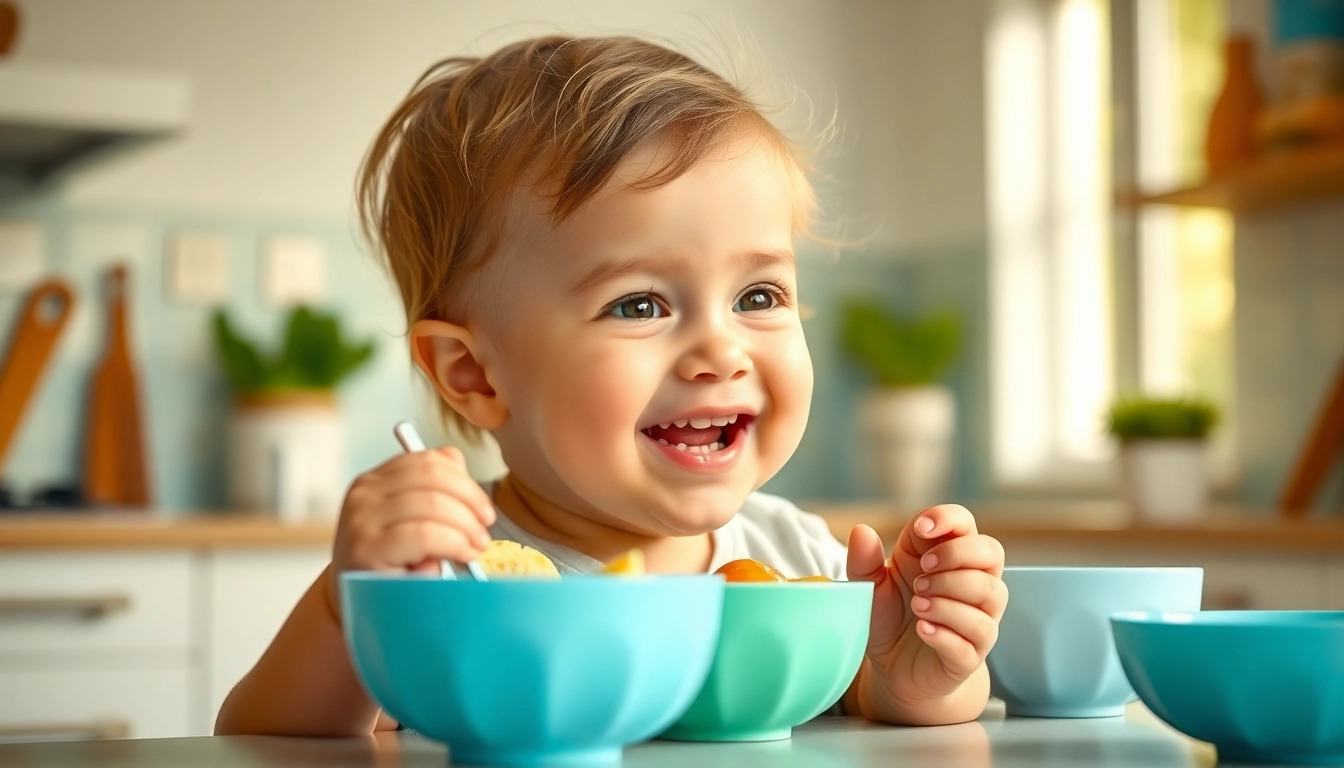 Healthy baby food Made in Italy served in colorful silicone bowls with a smiling baby enjoying