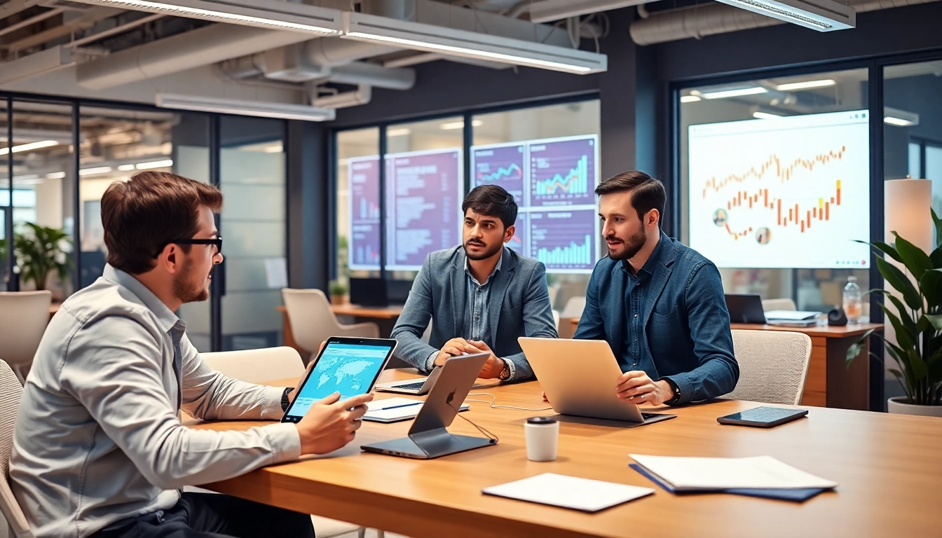 Business team reviewing global startup updates on digital screens in a modern workspace for