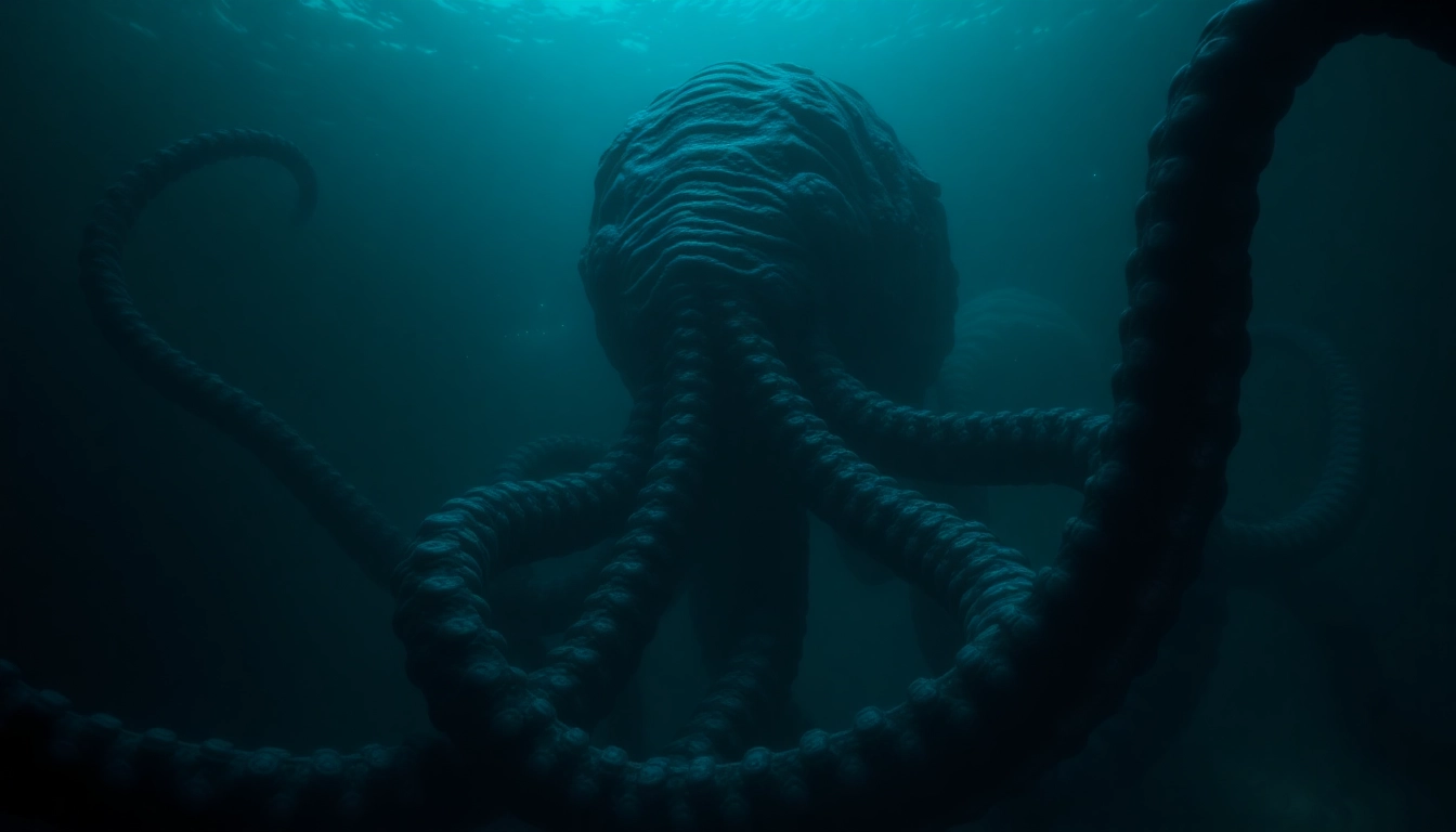 Majestic kraken with glowing eyes and tentacles emerges from deep ocean highlighting for