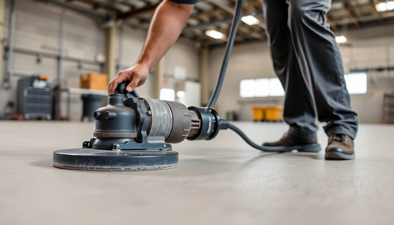 Skilled technician performing floor preparation in Birmingham with diamond grinding for durable
